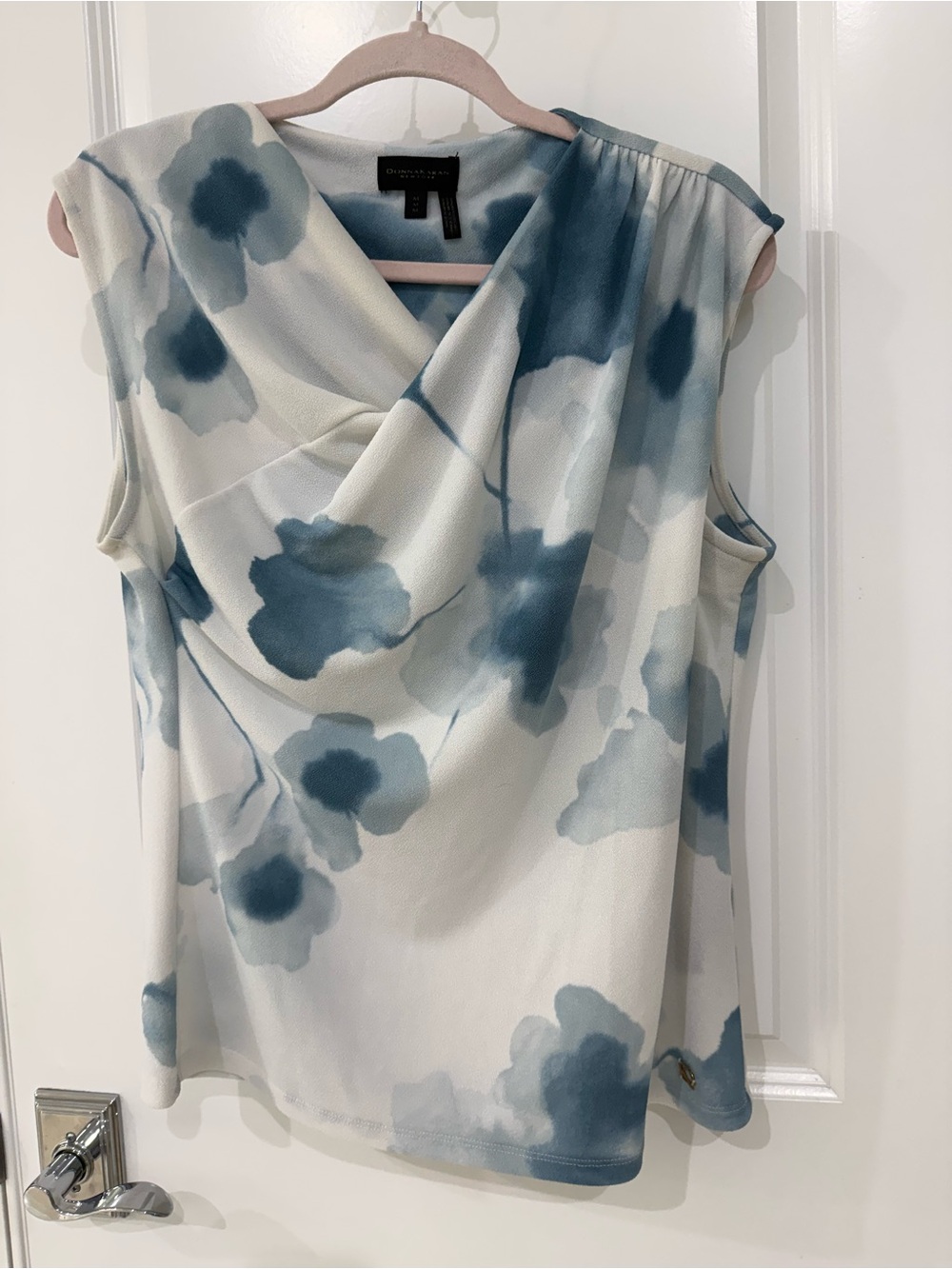 Donna Karan New York Sleeveless Draped Floral Blouse - Blue & White